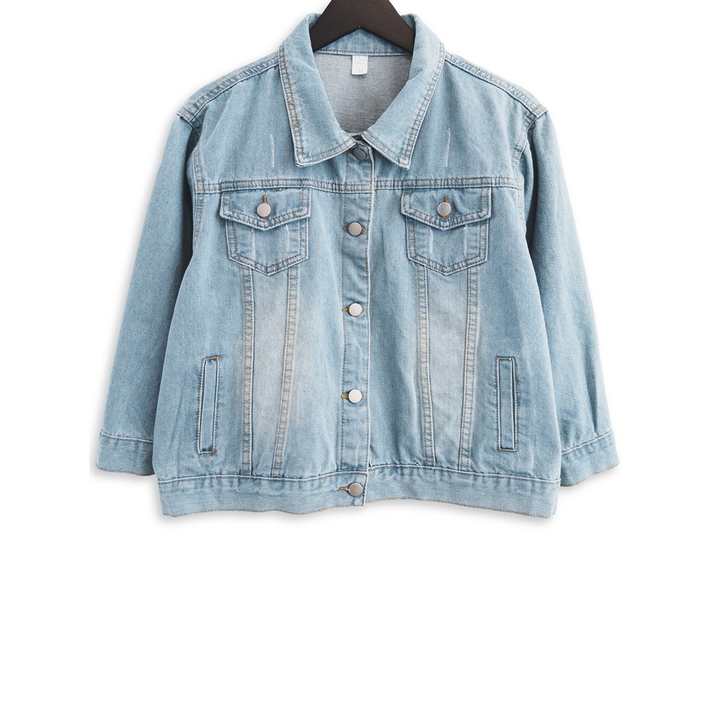 Denim Jacket Women XL Light Wash Distressed Button Up 3/4 Sleeve Trucker‎ Jacket